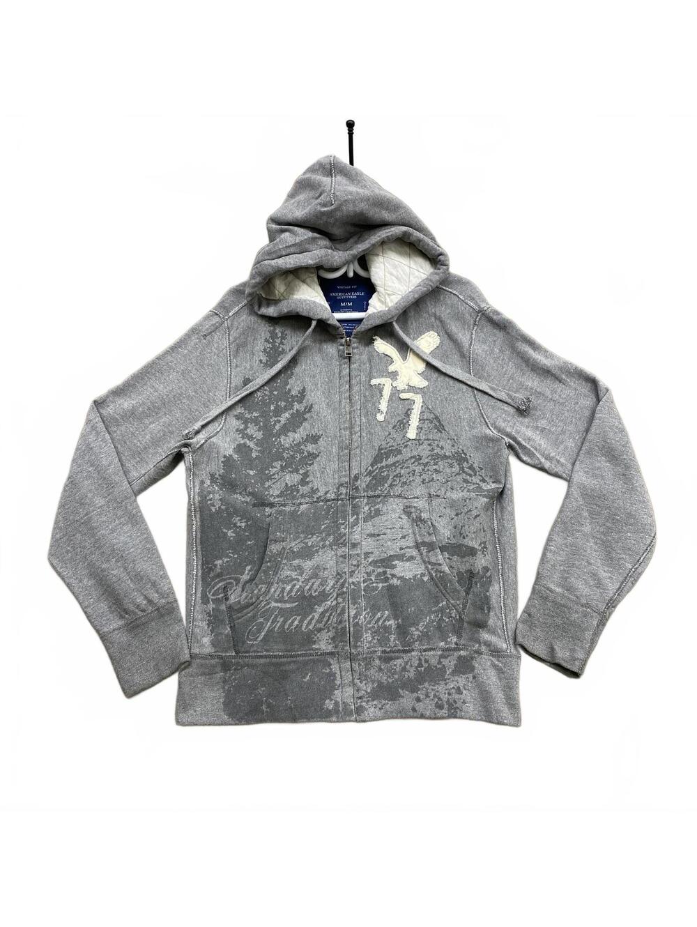 Y2K American Eagle Vintage Fit Grey Zip Hoodie Distressed 77 Graphic Mens Medium